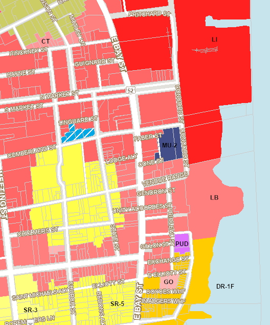 Charleston East Bay and King Street corridor zoning showing commercial tourist and limited business zones