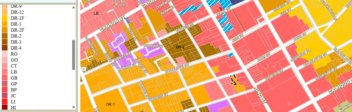Charleston Upper King Street and French Quarter Zoning Map showing Limited Business zones